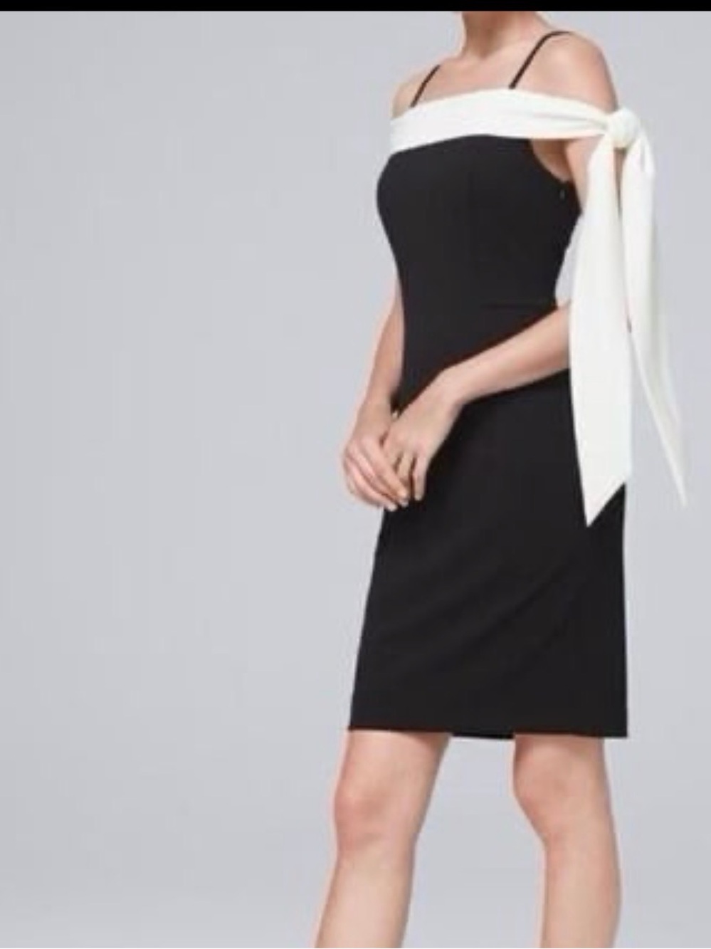 White House Black Market Black Midi Bodycon Dress with White Off-Shoulder Sash